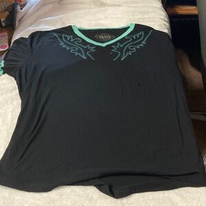 Crazy Train Black Tee with Teal V-Neck Trim